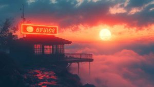 Retro Building Sunset Scenery Wallpaper for Desktop, 4K Mobile Background