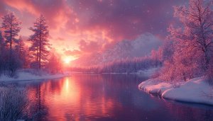 Winter Wonderland Sunset Landscape 4K Desktop Background Wallpaper