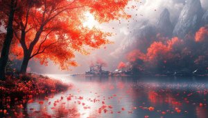 Autumn Lake Scenery Wallpaper, Red Maple Leaf, 4K Desktop Background