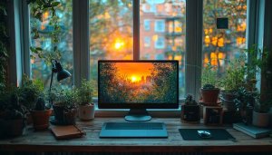 Desktop Wallpaper City Sunset View with Indoor Garden Aesthetic 4K