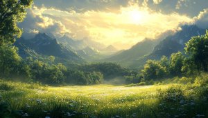 Lush Meadow Mountain Valley 4K Desktop Wallpaper Free