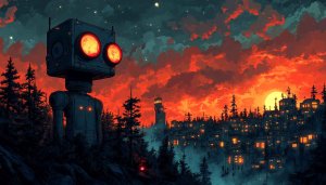 Retro Robot Sunset Cityscape Aesthetic 4K Desktop Wallpaper