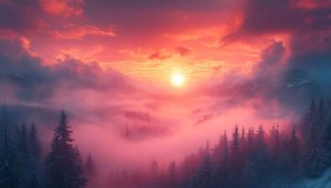 Red Sunrise Forest Fog Mobile Wallpaper Background - Free Download
