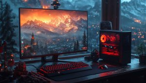 Gaming Setup Wallpaper 4K: Mountain City Winter Desktop Background