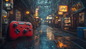 Gaming Street Red Controller Wallpaper 4K, Cyberpunk Asian Town