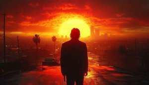 John Wick Inspired Red Sunset Cityscape 4K Desktop Wallpaper