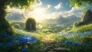 Scenic Landscape 4K Wallpaper: Blue Flowers, Mountains, Stone Archway View