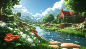Fantasy River Cottage 4K Desktop Background with Mountain View