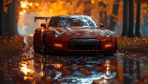 Red Nissan GTR Autumn Leaves Road Desktop Wallpaper 4K