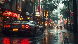 Nissan GTR rainy Tokyo night wallpaper 4K desktop background