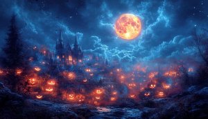 Halloween Night Wallpaper 4K, Pumpkin Lanterns, Castle Mobile Background