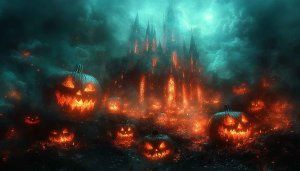 Spooky Halloween Castle Jack-o'-Lanterns 4K Desktop Background Mobile Wallpaper