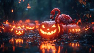 Flamingo and Glowing Pumpkins Halloween Night 4K Desktop Wallpaper