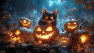 Halloween Cat Wallpaper, Pumpkin Carvings, Spooky 4K Desktop Background