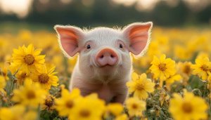 Cute Piglet in Yellow Flower Field 4K Mobile Wallpaper