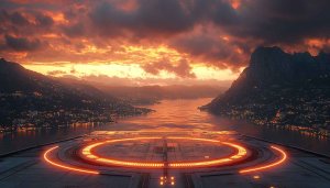 Futuristic Glowing Platform Lake View 4K Desktop Wallpaper Free