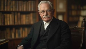 Old Man Portrait with Bookshelf Background 4K Desktop Wallpaper