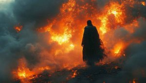 Fiery Apocalypse Man Figure 4K Desktop Background Mobile Wallpaper