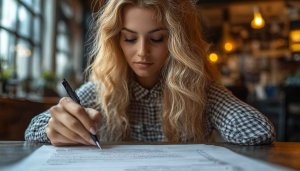 Focused Blonde Woman Writing, Free Mobile Wallpaper, Aesthetic Background