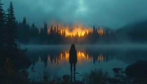 Mystic Lake Girl Silhouette 4K Desktop Background Wallpaper