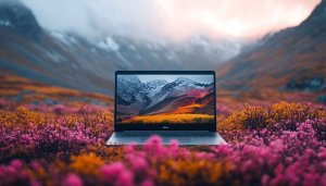 Laptop in Mountain Meadow Free 4K Desktop Background Wallpaper