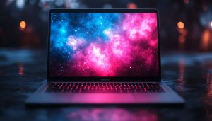 Laptop Screen with Galaxy Nebula 4K Desktop Background Wallpaper