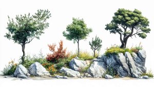 Watercolor Trees on Rocks Mobile Background Artwork Free Wallpaper