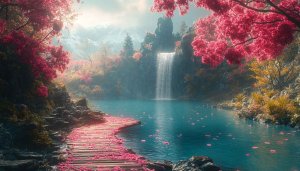 Beautiful Waterfall Pink Blossom Nature Scenery 4K Desktop Wallpaper