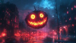 Scary Halloween Face Glowing Red City 4K Desktop Wallpaper