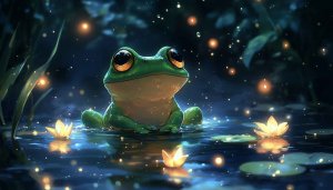 Cartoon Frog on Water with Lights 4K Desktop Background