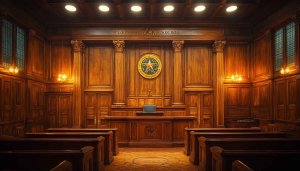 Courtroom Interior Desktop Wallpaper, Law Office Background, Wooden Paneling Design