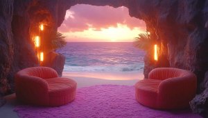 Cave Lounge Beach Sunset 4K Desktop Background Mobile Wallpaper