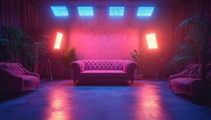 Vibrant Retro Interior 4K Desktop Background, Neon Lit Wallpaper