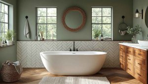 Modern Bathroom Decor Wallpaper, Olive Green Walls, Wooden Accents