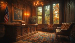 Classic Office Autumn View Wallpaper, USA Flag Background, 4K Desktop