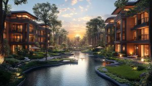 Luxury Resort 4K Desktop Wallpaper with Sunset River View