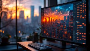 Coding Screen Cityscape Aesthetic Wallpaper 4K Desktop Background