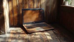 Laptop on Wood Texture 4K Desktop Background Computer Wallpaper