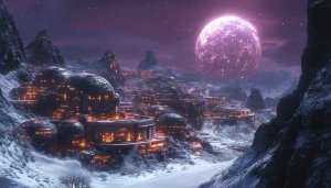 Futuristic Cityscape Wallpaper, Snowy Mountains, Fantasy Moon Background