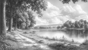 Monochrome Landscape Wallpaper: Tranquil Lake Scene for Desktop Backgrounds