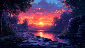 Pixel Art Sunset Lake Wallpaper 4K Desktop Background Free