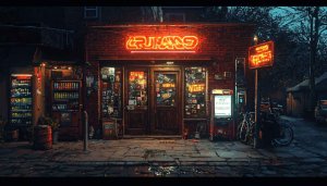 Pixel Art Convenience Store Neon Sign Cityscape Mobile Wallpaper