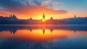 Prague Sunrise Reflection 4K Wallpaper, Cityscape Background, Free Download