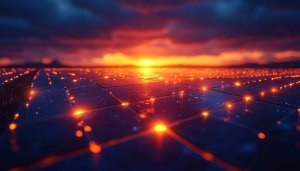 Fiery Sunset Over Tech Grid 4K Desktop Background Wallpaper