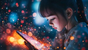 Girl with Tablet Glowing Bokeh Lights Mobile Wallpaper Background