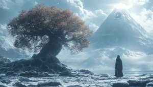 Fantasy Mountain Landscape Mobile Background with Tree and Figure