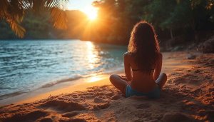 Sunset Beach Woman Meditation 4K Desktop Background Mobile Wallpaper