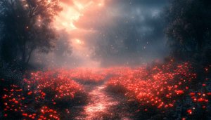 Glowing Red Flowers Field 4K Desktop Background Mobile Wallpaper