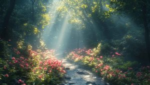 Enchanted Forest Path 4K Desktop Wallpaper, Floral Sunlight Background