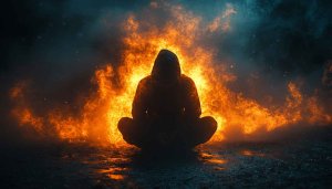 Hooded Figure in Fire 4K Desktop Wallpaper Free To Use